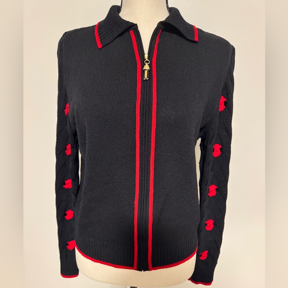 St. John Santana Knit Black / Red Cardigan Sweater Classic Size 10
